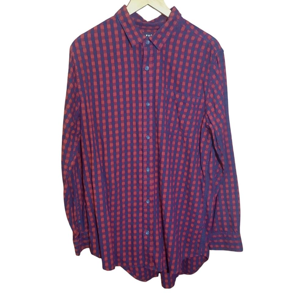 PacSun Mens Red & Blue Long Fit Flannel Buffalo Plaid Long Sleeve Shirt Size L